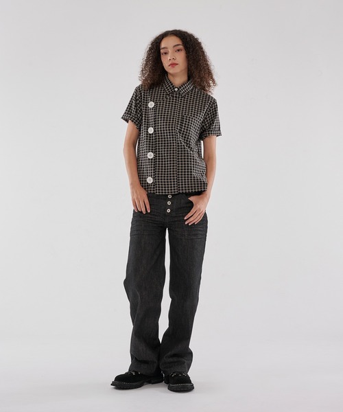 WISH FOR EVER(ウィッシュフォーエバー)の「ASYMMETRY BIG BUTTON SHIRT/アシンメトリービッグボタンシャツ(シャツ/ブラウス・メンズ・ネイビー/ブラック/パープル・SMALL/MEDIUM/LARGE)」の4枚目の写真
