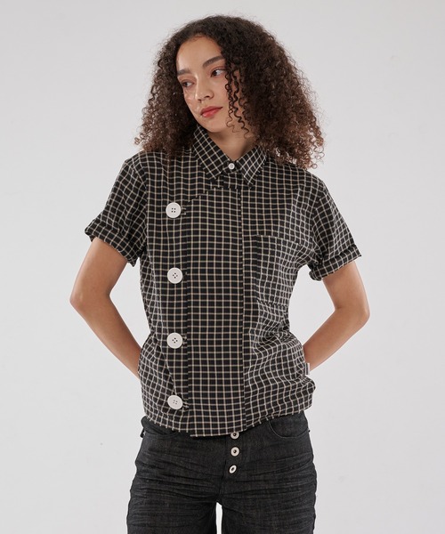 WISH FOR EVER(ウィッシュフォーエバー)の「ASYMMETRY BIG BUTTON SHIRT/アシンメトリービッグボタンシャツ(シャツ/ブラウス・メンズ・ネイビー/ブラック/パープル・SMALL/MEDIUM/LARGE)」の15枚目の写真