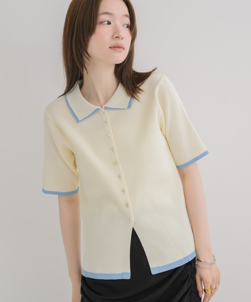 RETRO GIRL（レトロガール）の「配色５分袖カーディガン（ニット/セーター・レディース・ブラウン/オフホワイト/ライトグレー・FREE）」の2枚目の写真