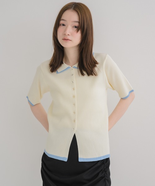 RETRO GIRL（レトロガール）の「配色５分袖カーディガン（ニット/セーター・レディース・ブラウン/オフホワイト/ライトグレー・FREE）」の4枚目の写真