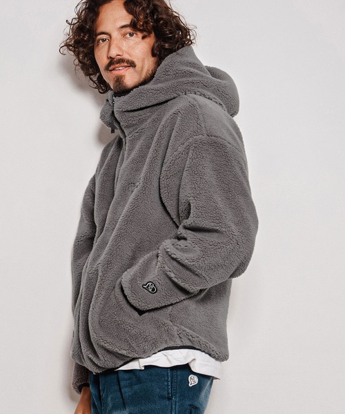 mj11689-faux leather trim boa zip parka ボアジップパーカー
