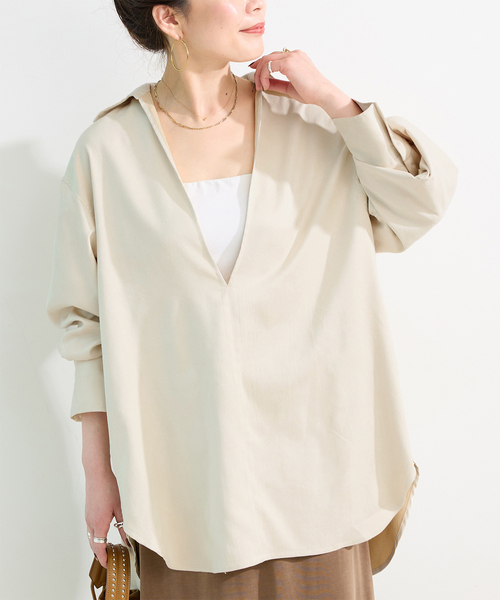 B.C STOCK(ベーセーストック)の「手洗い可 / スエードライクスキッパーシャツ(シャツ/ブラウス・レディース・ブラウン/アイボリー・FREE)」の2枚目の写真
