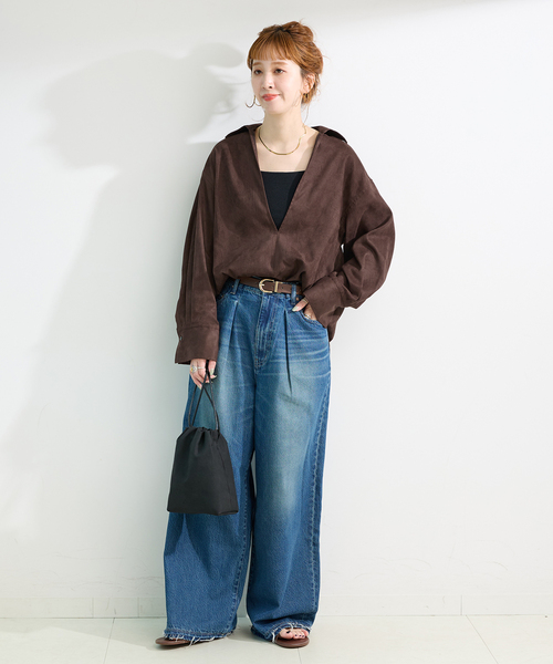 B.C STOCK(ベーセーストック)の「手洗い可 / スエードライクスキッパーシャツ(シャツ/ブラウス・レディース・ブラウン/アイボリー・FREE)」の10枚目の写真