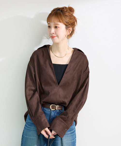 B.C STOCK(ベーセーストック)の「手洗い可 / スエードライクスキッパーシャツ(シャツ/ブラウス・レディース・ブラウン/アイボリー・FREE)」の14枚目の写真