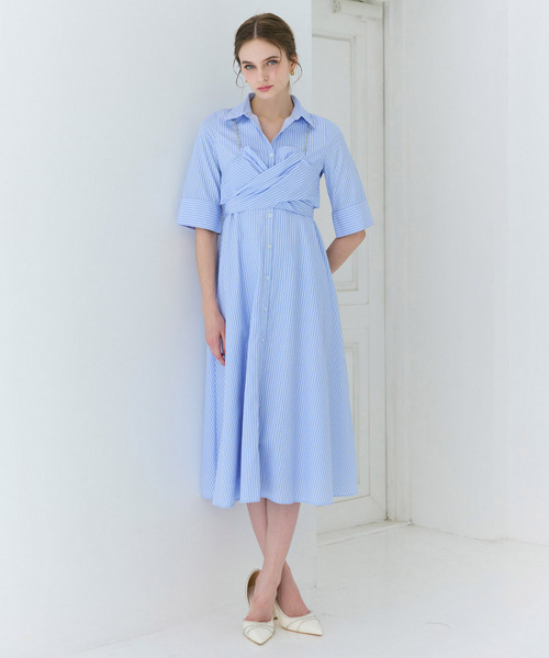 ROYAL PARTY（ロイヤルパーティー）の「ストラップ付カシュクールシャツワンピース（シャツワンピース・レディース・ブラック/ストライプ/オフホワイト・FREE）」の8枚目の写真