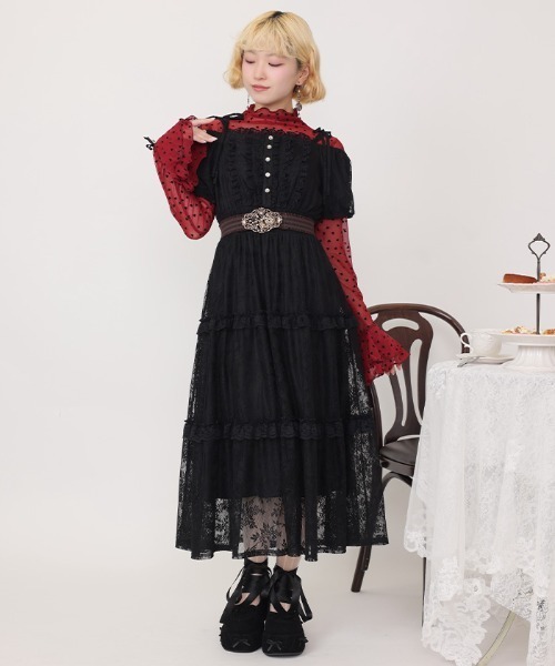 axes femme POETIQUE（アクシーズファムポエティック）の「ショルダーリボン総レースワンピース（ワンピース・レディース・ホワイト/ブラック・MEDIUM）」の2枚目の写真