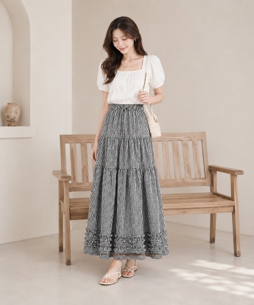 KONVINI（コンビニ）の「【KONVINI select】チェック柄ティアードロングスカート フリル レース レディース　バレエコア　韓国ファッション　アイドル（スカート・レディース・ホワイト/ブラック・FREE）」の2枚目の写真