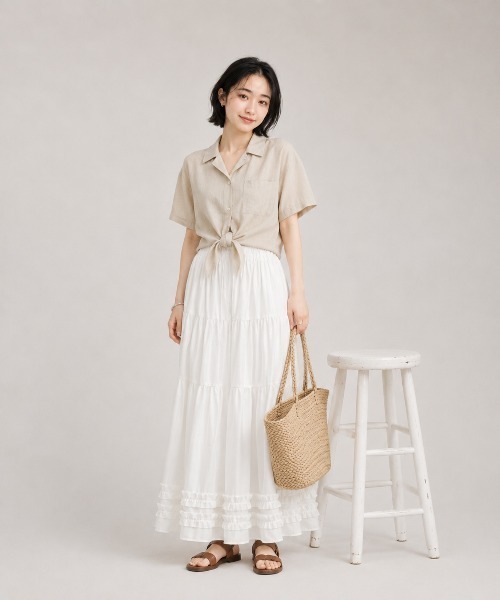 KONVINI（コンビニ）の「【KONVINI select】チェック柄ティアードロングスカート フリル レース レディース　バレエコア　韓国ファッション　アイドル（スカート・レディース・ホワイト/ブラック・FREE）」の10枚目の写真