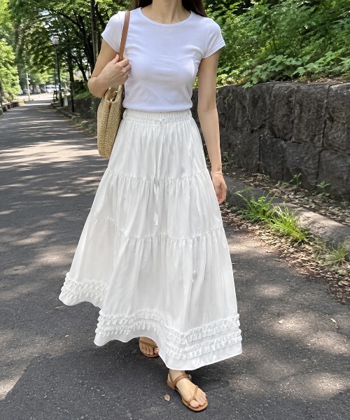 KONVINI（コンビニ）の「【KONVINI select】チェック柄ティアードロングスカート フリル レース レディース　バレエコア　韓国ファッション　アイドル（スカート・レディース・ホワイト/ブラック・FREE）」の5枚目の写真