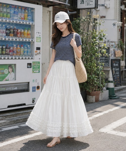 KONVINI（コンビニ）の「【KONVINI select】チェック柄ティアードロングスカート フリル レース レディース　バレエコア　韓国ファッション　アイドル（スカート・レディース・ホワイト/ブラック・FREE）」の16枚目の写真