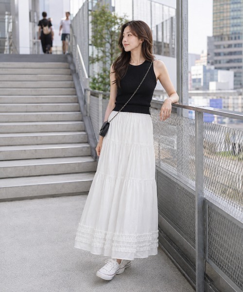 KONVINI（コンビニ）の「【KONVINI select】チェック柄ティアードロングスカート フリル レース レディース　バレエコア　韓国ファッション　アイドル（スカート・レディース・ホワイト/ブラック・FREE）」の15枚目の写真