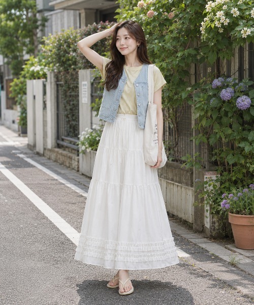 KONVINI（コンビニ）の「【KONVINI select】チェック柄ティアードロングスカート フリル レース レディース　バレエコア　韓国ファッション　アイドル（スカート・レディース・ホワイト/ブラック・FREE）」の13枚目の写真