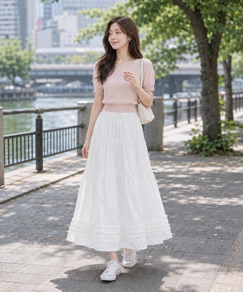 KONVINI（コンビニ）の「【KONVINI select】チェック柄ティアードロングスカート フリル レース レディース　バレエコア　韓国ファッション　アイドル（スカート・レディース・ホワイト/ブラック・FREE）」の12枚目の写真