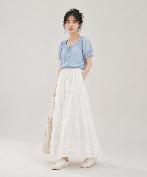 KONVINI（コンビニ）の「【KONVINI select】チェック柄ティアードロングスカート フリル レース レディース　バレエコア　韓国ファッション　アイドル（スカート・レディース・ホワイト/ブラック・FREE）」の9枚目の写真