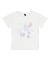 フラワーコラージュプリントスリムフィット半袖Tシャツアイボリー