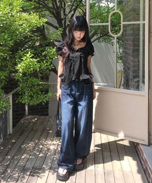 Girly Doll（ガーリードール）の「フロントリボンパフスリギャザーブラウス（シャツ/ブラウス・レディース・ブラック/ホワイト/ブルー・FREE）」の9枚目の写真