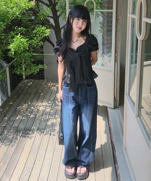 Girly Doll（ガーリードール）の「フロントリボンパフスリギャザーブラウス（シャツ/ブラウス・レディース・ブラック/ホワイト/ブルー・FREE）」の13枚目の写真