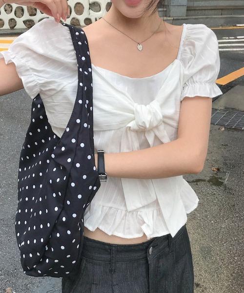 Girly Doll（ガーリードール）の「フロントリボンパフスリギャザーブラウス（シャツ/ブラウス・レディース・ブラック/ホワイト/ブルー・FREE）」の18枚目の写真