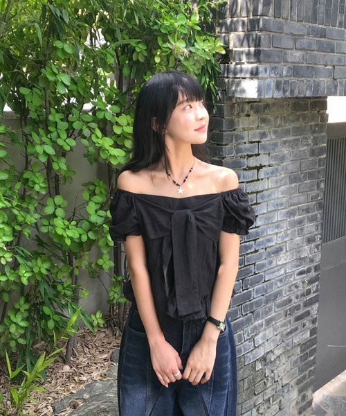 Girly Doll（ガーリードール）の「フロントリボンパフスリギャザーブラウス（シャツ/ブラウス・レディース・ブラック/ホワイト/ブルー・FREE）」の14枚目の写真