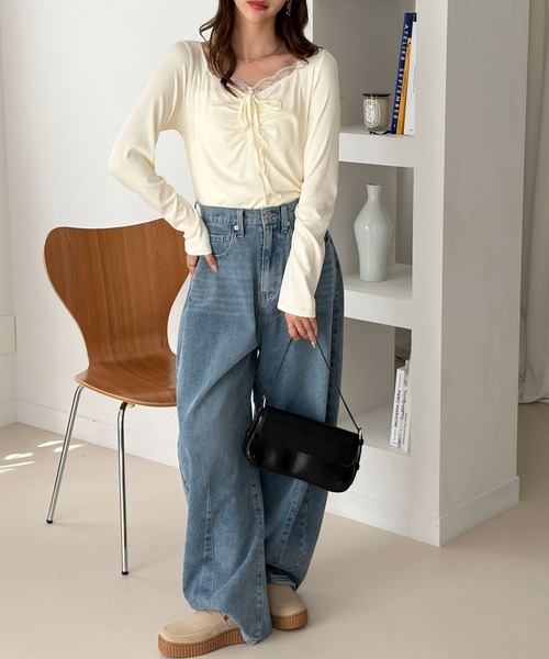 muet.(ミュエ)の「フロントレースギャザーリボントップス(Tシャツ/カットソー・レディース・アイボリー/ブラック/ホワイト系その他/チャコール・MEDIUM/LARGE)」の8枚目の写真