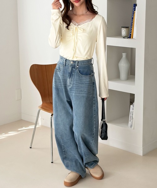 muet.(ミュエ)の「フロントレースギャザーリボントップス(Tシャツ/カットソー・レディース・アイボリー/ブラック/ホワイト系その他/チャコール・MEDIUM/LARGE)」の9枚目の写真