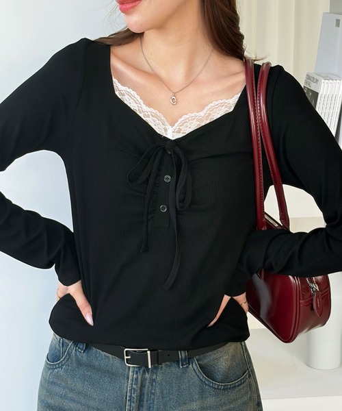 muet.(ミュエ)の「フロントレースギャザーリボントップス(Tシャツ/カットソー・レディース・アイボリー/ブラック/ホワイト系その他/チャコール・MEDIUM/LARGE)」の14枚目の写真