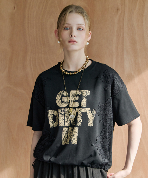M.GRAF（エム・グラフ）の「レースパッチレタリングストリング半袖Tシャツ（Tシャツ/カットソー・レディース・ホワイト/ブラック・FREE）」の3枚目の写真
