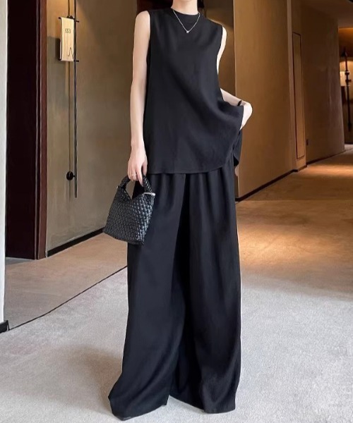 FLINEA(フリネア)の「リネンノースリーブトップス&パンツセットアップ(セットアップ・レディース・ホワイト/ブラック・FREE)」の2枚目の写真