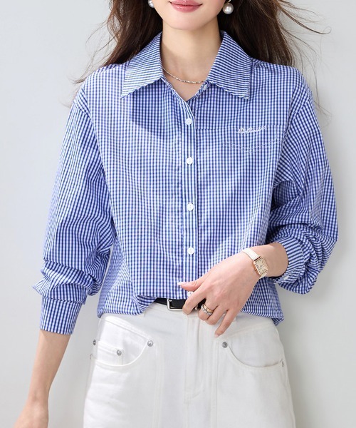ONEP STAR（ワンピスター）の「ロゴ刺繍ギンガムチェック長袖シャツ（シャツ/ブラウス・レディース・チェック・MEDIUM/X-LARGE/LARGE）」の4枚目の写真