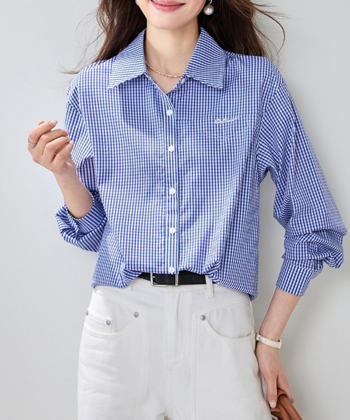 ONEP STAR（ワンピスター）の「ロゴ刺繍ギンガムチェック長袖シャツ（シャツ/ブラウス・レディース・チェック・MEDIUM/X-LARGE/LARGE）」の5枚目の写真