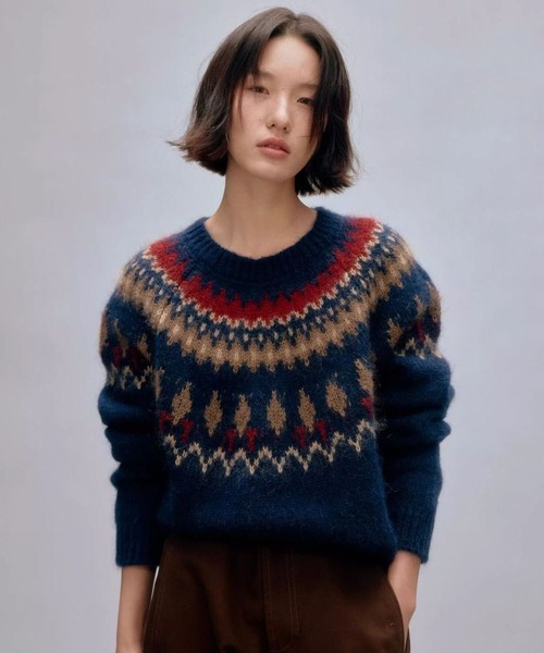 SHERU(シェル)の「レトロノルディック柄シャギーニット(ニット/セーター・レディース・グレー/ネイビー・M)」の1枚目の写真