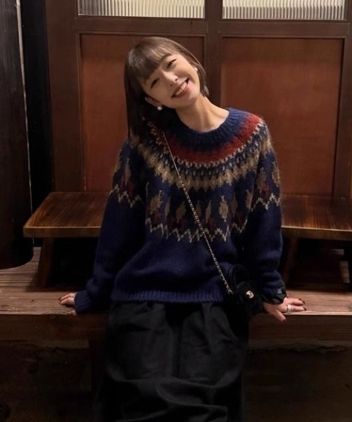 SHERU(シェル)の「レトロノルディック柄シャギーニット(ニット/セーター・レディース・グレー/ネイビー・M)」の16枚目の写真