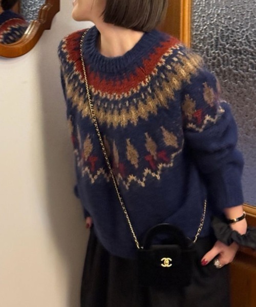 SHERU(シェル)の「レトロノルディック柄シャギーニット(ニット/セーター・レディース・グレー/ネイビー・M)」の20枚目の写真