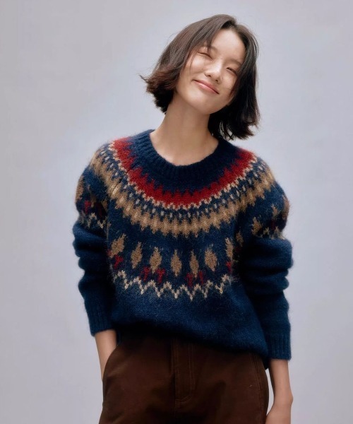 SHERU(シェル)の「レトロノルディック柄シャギーニット(ニット/セーター・レディース・グレー/ネイビー・M)」の10枚目の写真