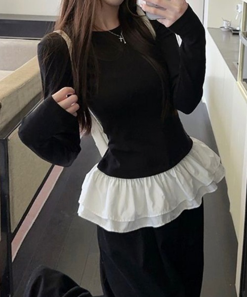 Silly(シリー)の「【1枚でレイヤード見え♪】ドッキングフリルペプラムトップス(Tシャツ/カットソー・レディース・ブラック×ホワイト/ホワイト×ホワイト・FREE)」の4枚目の写真