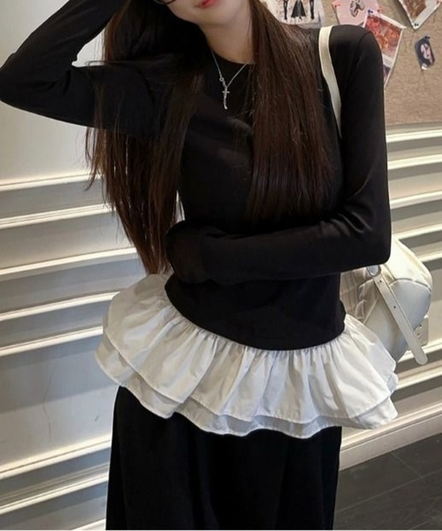 Silly(シリー)の「【1枚でレイヤード見え♪】ドッキングフリルペプラムトップス(Tシャツ/カットソー・レディース・ブラック×ホワイト/ホワイト×ホワイト・FREE)」の5枚目の写真