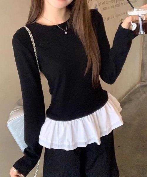 Silly(シリー)の「【1枚でレイヤード見え♪】ドッキングフリルペプラムトップス(Tシャツ/カットソー・レディース・ブラック×ホワイト/ホワイト×ホワイト・FREE)」の6枚目の写真