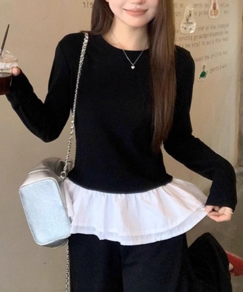 Silly(シリー)の「【1枚でレイヤード見え♪】ドッキングフリルペプラムトップス(Tシャツ/カットソー・レディース・ブラック×ホワイト/ホワイト×ホワイト・FREE)」の7枚目の写真