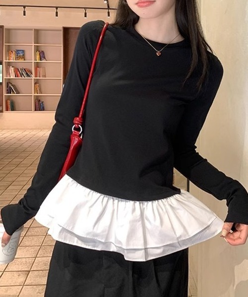Silly(シリー)の「【1枚でレイヤード見え♪】ドッキングフリルペプラムトップス(Tシャツ/カットソー・レディース・ブラック×ホワイト/ホワイト×ホワイト・FREE)」の8枚目の写真
