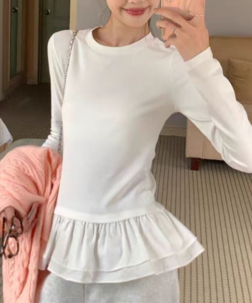 Silly(シリー)の「【1枚でレイヤード見え♪】ドッキングフリルペプラムトップス(Tシャツ/カットソー・レディース・ブラック×ホワイト/ホワイト×ホワイト・FREE)」の10枚目の写真