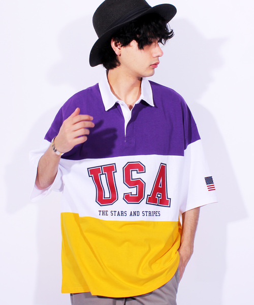 ８(eight)（エイト）の「USA ロゴ ラガーシャツ ボーダー ポロシャツ ビッグシルエット（ポロシャツ・メンズ・パープル/ネイビー/エメラルド・MEDIUM/LARGE）」の3枚目の写真