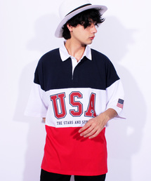 ８(eight) | USA ロゴ ラガーシャツ ボーダー ポロシャツ ビッグシルエット(ポロシャツ)