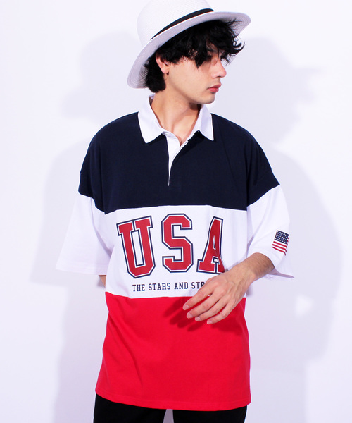 ８(eight)（エイト）の「USA ロゴ ラガーシャツ ボーダー ポロシャツ ビッグシルエット（ポロシャツ・メンズ・パープル/ネイビー/エメラルド・MEDIUM/LARGE）」の2枚目の写真