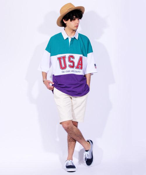８(eight)（エイト）の「USA ロゴ ラガーシャツ ボーダー ポロシャツ ビッグシルエット（ポロシャツ・メンズ・パープル/ネイビー/エメラルド・MEDIUM/LARGE）」の6枚目の写真
