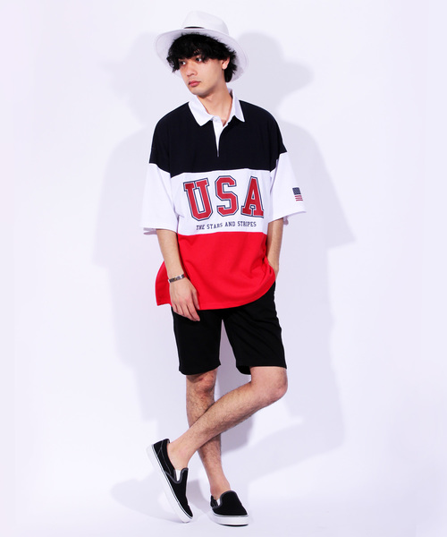 ８(eight)（エイト）の「USA ロゴ ラガーシャツ ボーダー ポロシャツ ビッグシルエット（ポロシャツ・メンズ・パープル/ネイビー/エメラルド・MEDIUM/LARGE）」の13枚目の写真