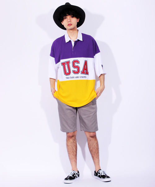 ８(eight)（エイト）の「USA ロゴ ラガーシャツ ボーダー ポロシャツ ビッグシルエット（ポロシャツ・メンズ・パープル/ネイビー/エメラルド・MEDIUM/LARGE）」の19枚目の写真