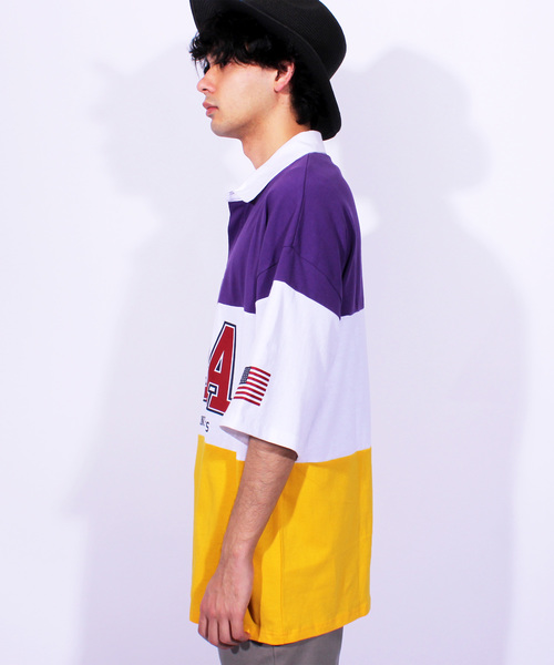 ８(eight)（エイト）の「USA ロゴ ラガーシャツ ボーダー ポロシャツ ビッグシルエット（ポロシャツ・メンズ・パープル/ネイビー/エメラルド・MEDIUM/LARGE）」の16枚目の写真