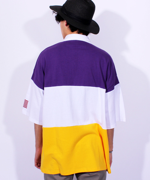 ８(eight)（エイト）の「USA ロゴ ラガーシャツ ボーダー ポロシャツ ビッグシルエット（ポロシャツ・メンズ・パープル/ネイビー/エメラルド・MEDIUM/LARGE）」の11枚目の写真