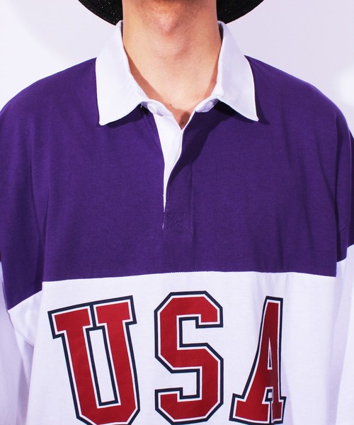 ８(eight)（エイト）の「USA ロゴ ラガーシャツ ボーダー ポロシャツ ビッグシルエット（ポロシャツ・メンズ・パープル/ネイビー/エメラルド・MEDIUM/LARGE）」の22枚目の写真