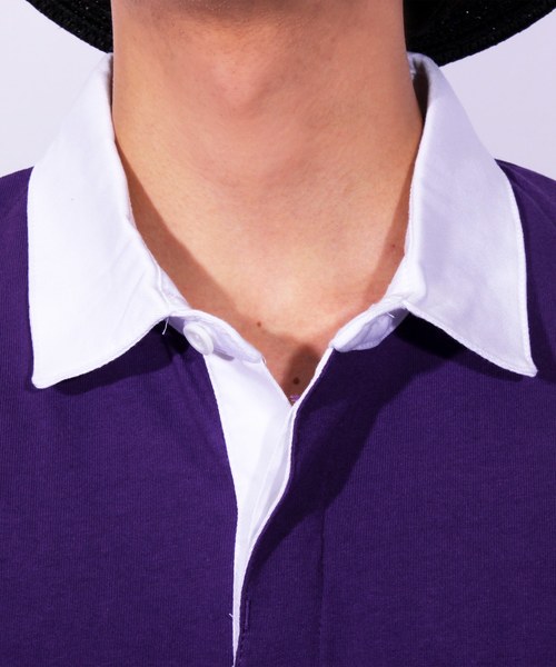 ８(eight)（エイト）の「USA ロゴ ラガーシャツ ボーダー ポロシャツ ビッグシルエット（ポロシャツ・メンズ・パープル/ネイビー/エメラルド・MEDIUM/LARGE）」の4枚目の写真
